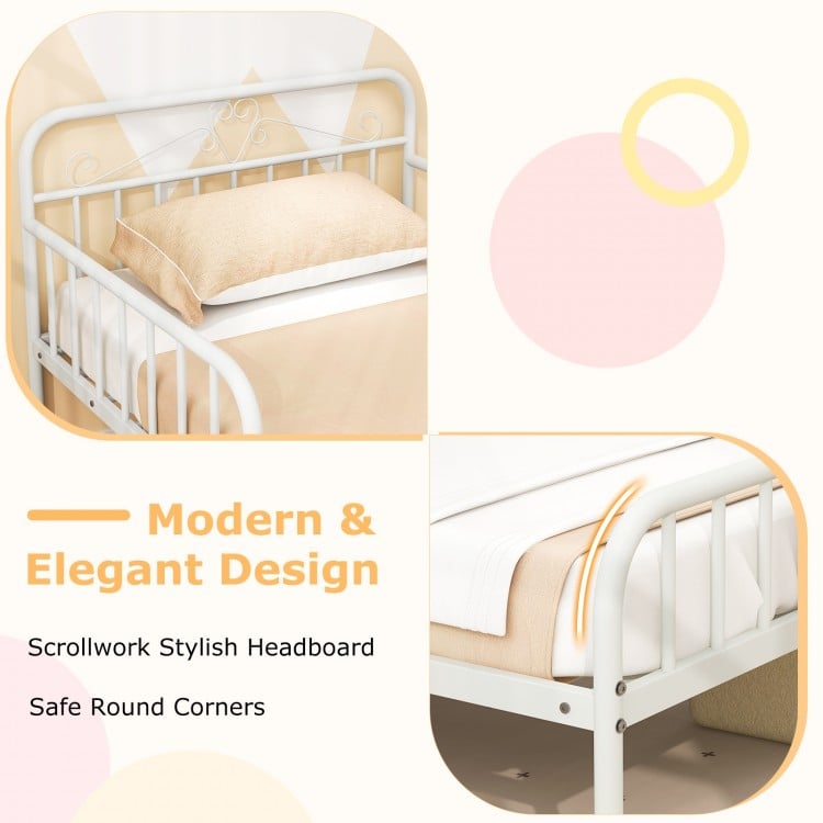 Twin Size Bed Frame with Headboard and Safety Side Guardrails-White