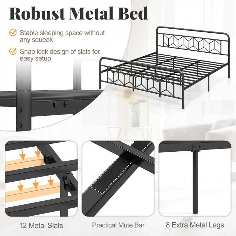 Platform Bed with High Headboard and Snap Lock Metal Slats-King Size