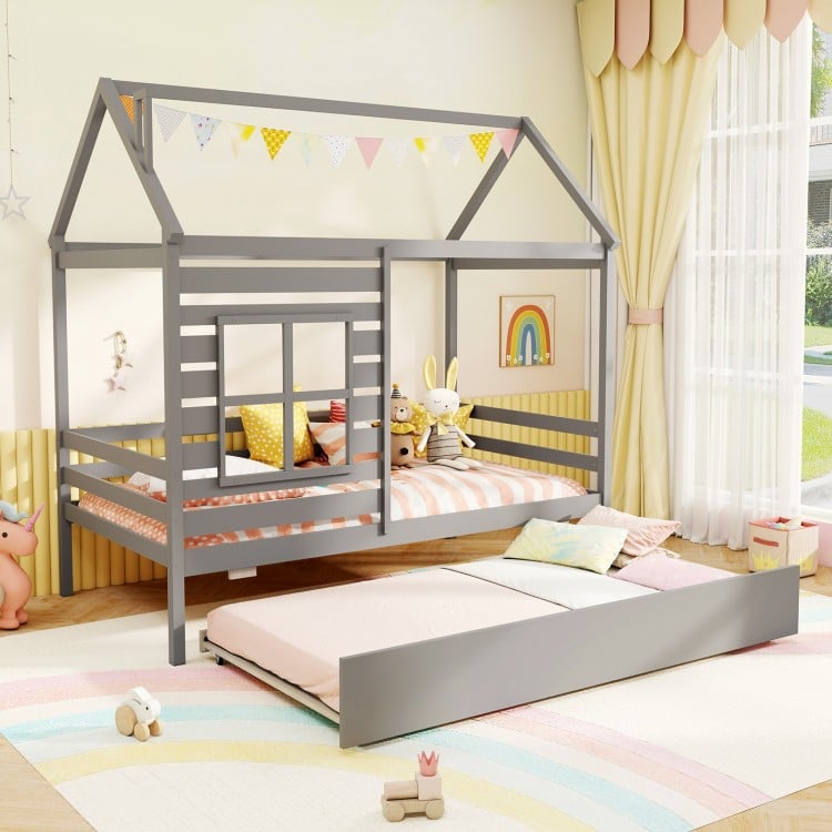 Twin Size Wooden Platform House Bed with Trundle and Roof-Grey