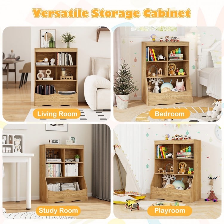 3-Tier Children's Multi-Functional Bookcase Toy Storage Bin Floor Cabinet-Natural