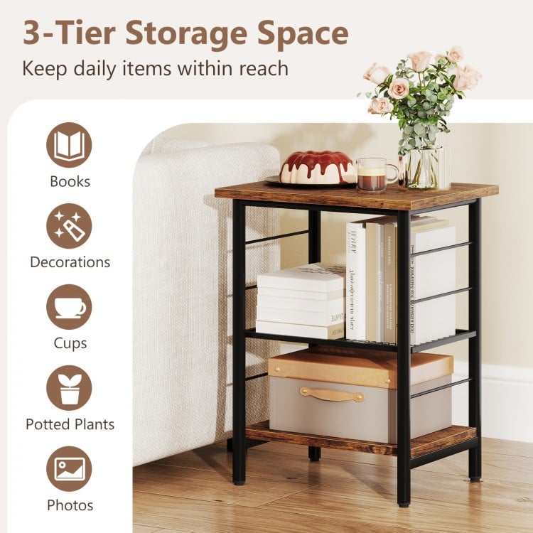 3-Tier End Table Set of 2 Side Table with Storage Shelves Metal Frame-Rustic Brown