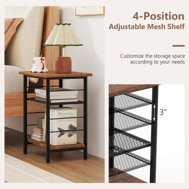 3-Tier End Table Set of 2 Side Table with Storage Shelves Metal Frame-Rustic Brown