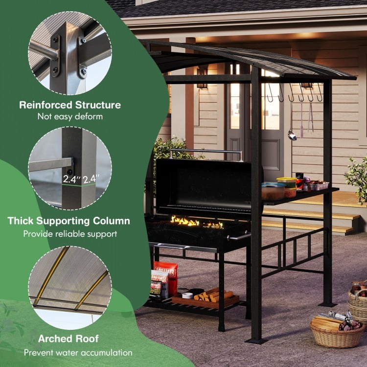 Hardtop Grill Gazebo with Vented Polycarbonate Roof Side Shelves-Black