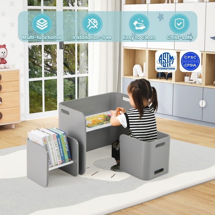 3 Pieces Kids Wooden Table and Chair Set-Gray