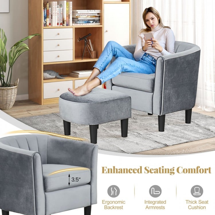 Upholstered Teddy Velvet Club Barrel Chair with Ottoman with Footrest-Gray