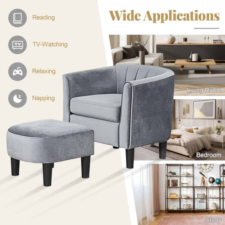 Upholstered Teddy Velvet Club Barrel Chair with Ottoman with Footrest-Gray