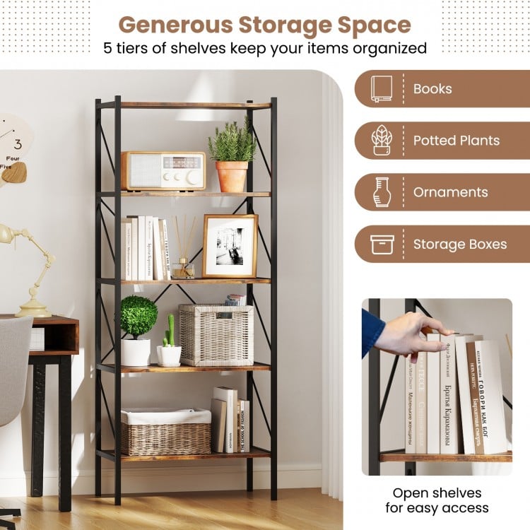 5-Tier Bookshelf with Open Shelves and Heavy Duty Metal Frame-Rustic Brown