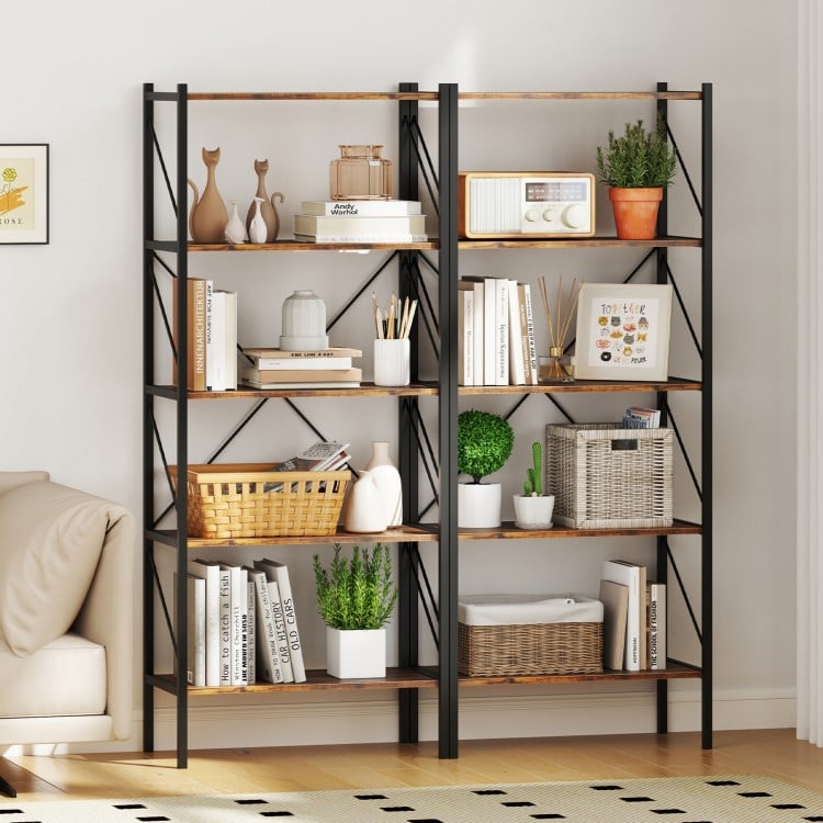5-Tier Bookshelf with Open Shelves and Heavy Duty Metal Frame-Rustic Brown