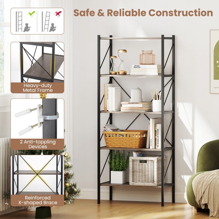5-Tier Bookshelf with Open Shelves and Heavy Duty Metal Frame-Gray