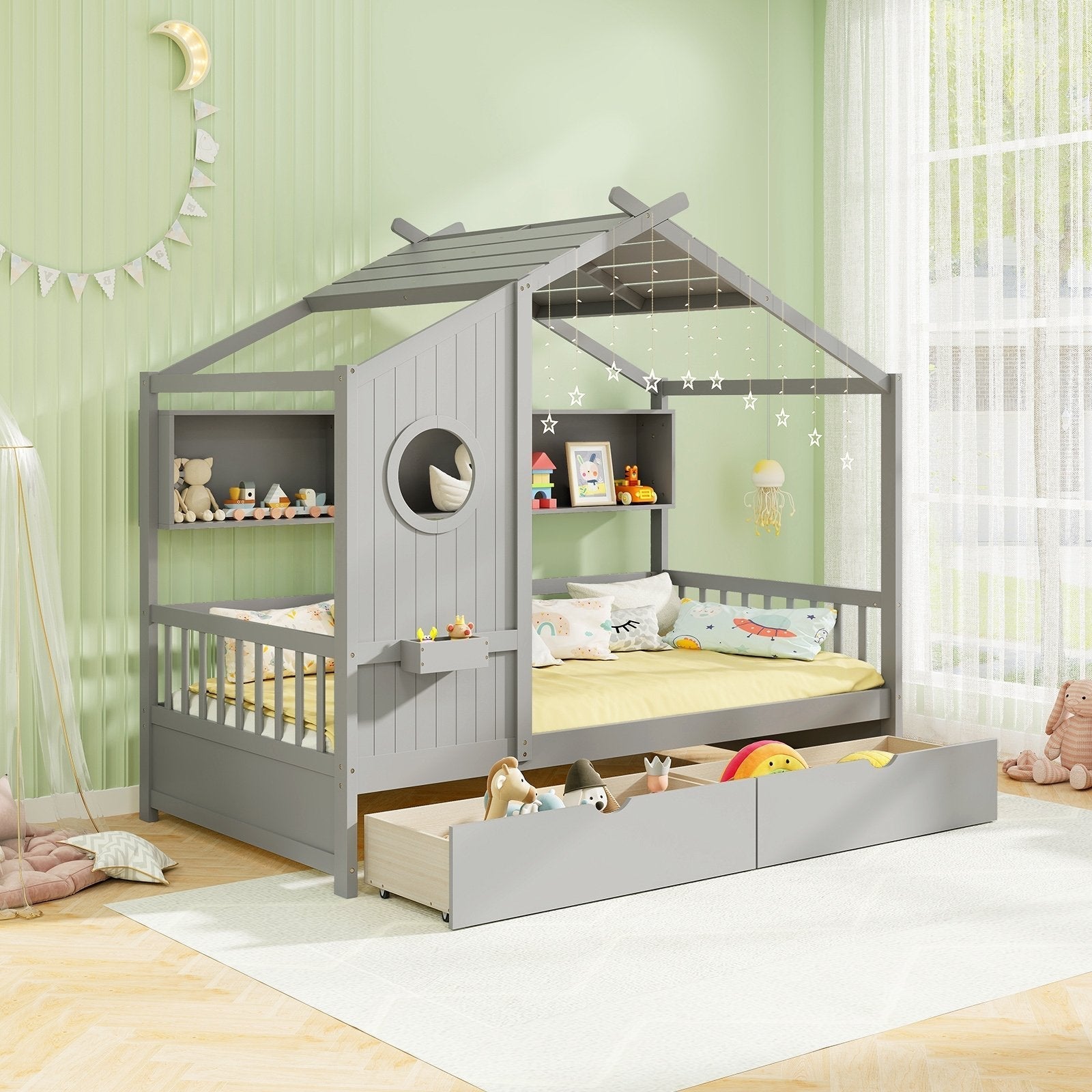 Twin Size House Bed with 2 Storage Drawers and Fence Guardrails-Gray 