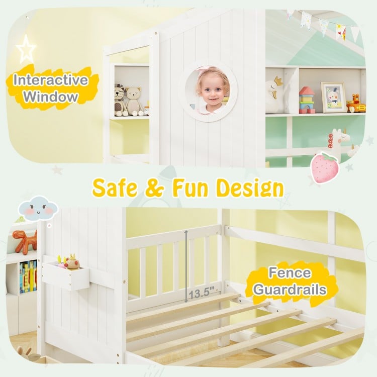 Twin Size House Bed with 2 Storage Drawers and Fence Guardrails-White
