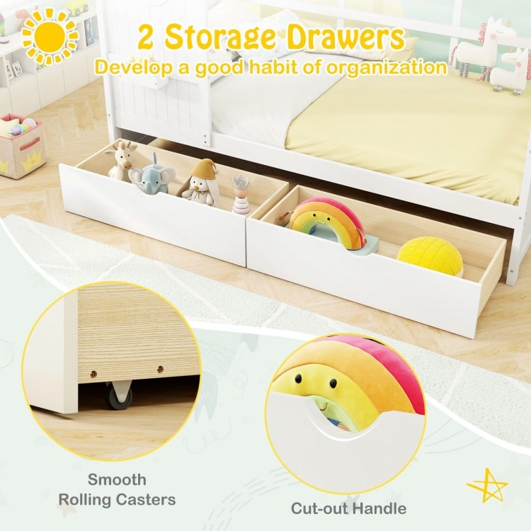 Twin Size House Bed with 2 Storage Drawers and Fence Guardrails-White