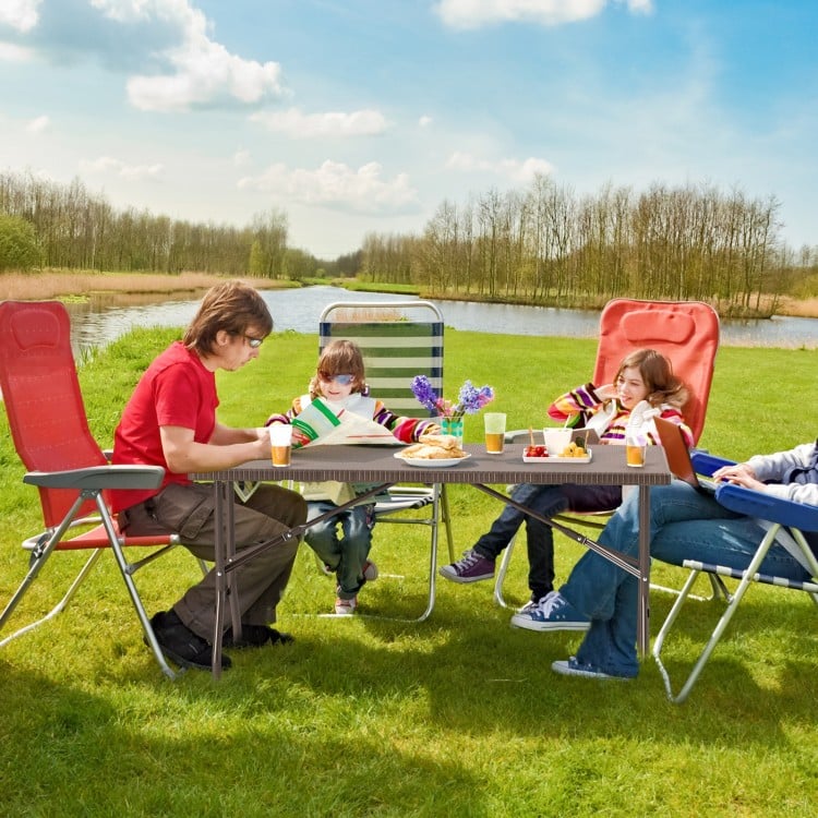 5FT Folding Picnic Table with Rattan Grain HDPE Tabletop and Sturdy Metal Fame-Coffee