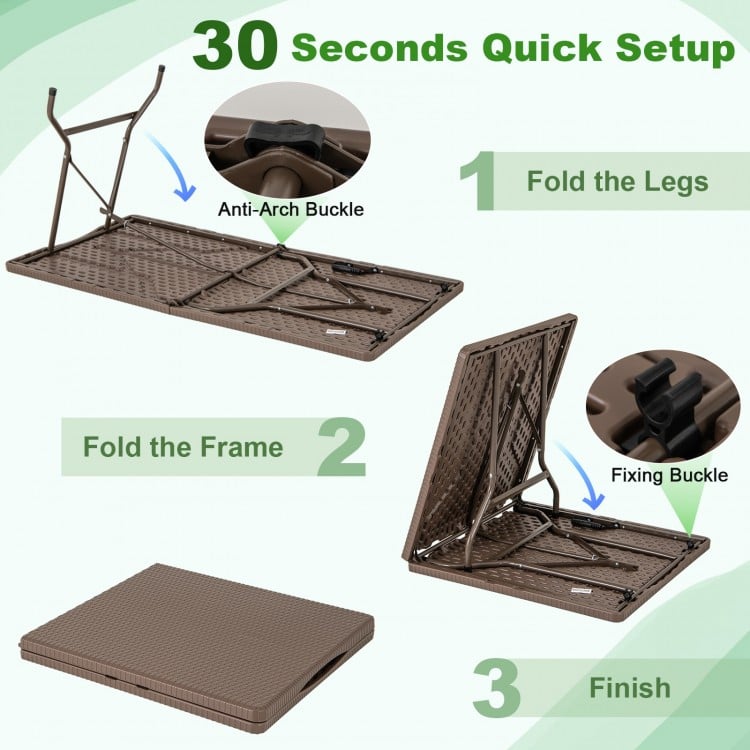 5FT Folding Picnic Table with Rattan Grain HDPE Tabletop and Sturdy Metal Fame-Coffee