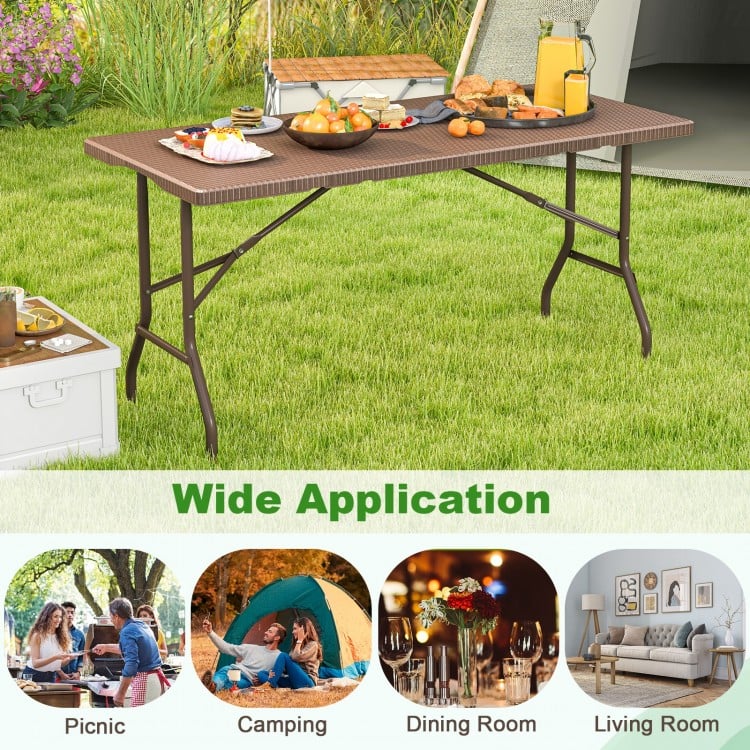 5FT Folding Picnic Table with Rattan Grain HDPE Tabletop and Sturdy Metal Fame-Coffee