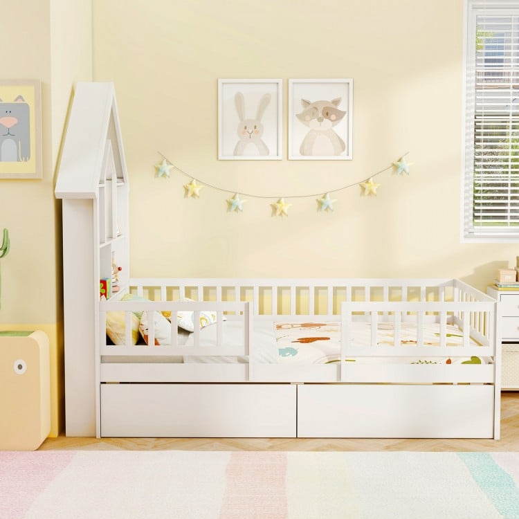 Twin Size House Bed Kids Montessori Bed with House-Shaped Storage Headboard-White