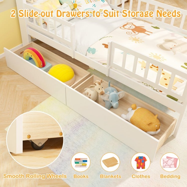 Twin Size House Bed Kids Montessori Bed with House-Shaped Storage Headboard-White