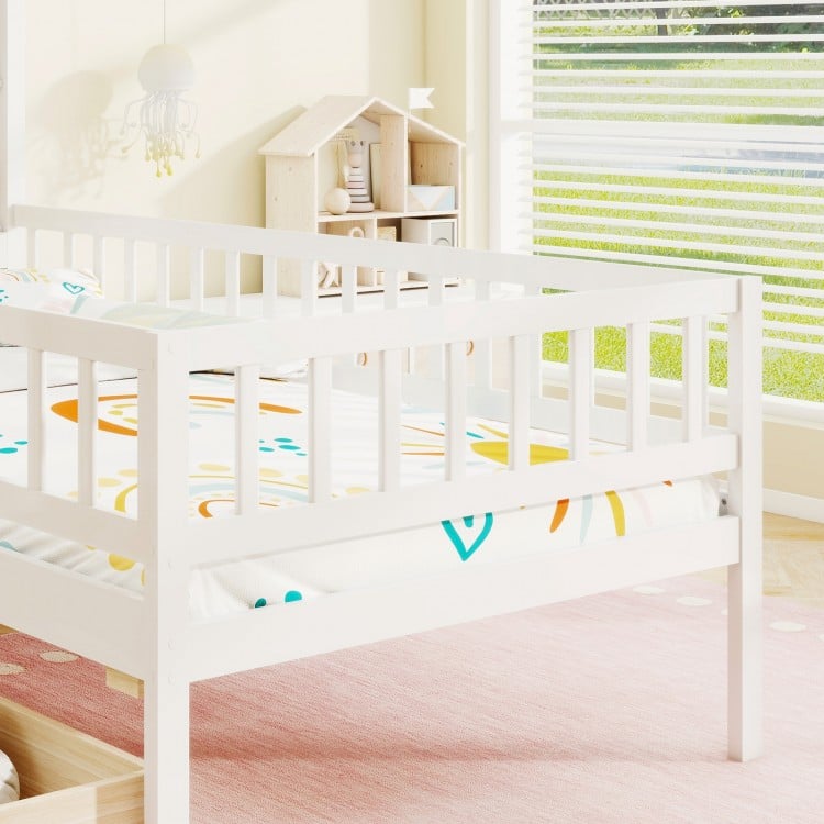 Twin Size House Bed Kids Montessori Bed with House-Shaped Storage Headboard-White