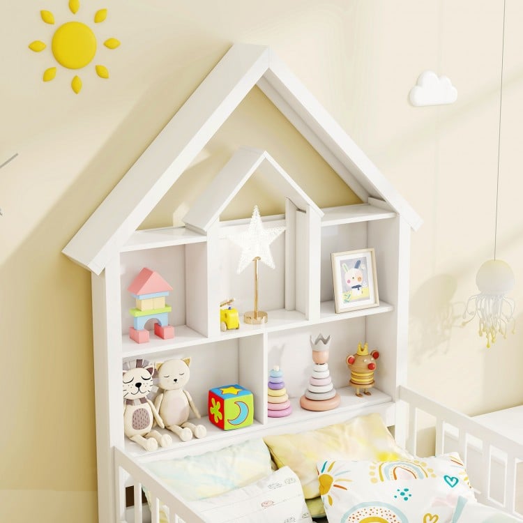 Twin Size House Bed Kids Montessori Bed with House-Shaped Storage Headboard-White