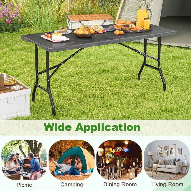 5FT Folding Picnic Table with Wood Grain HDPE Tabletop and  Non-slip Foot Pads-Black
