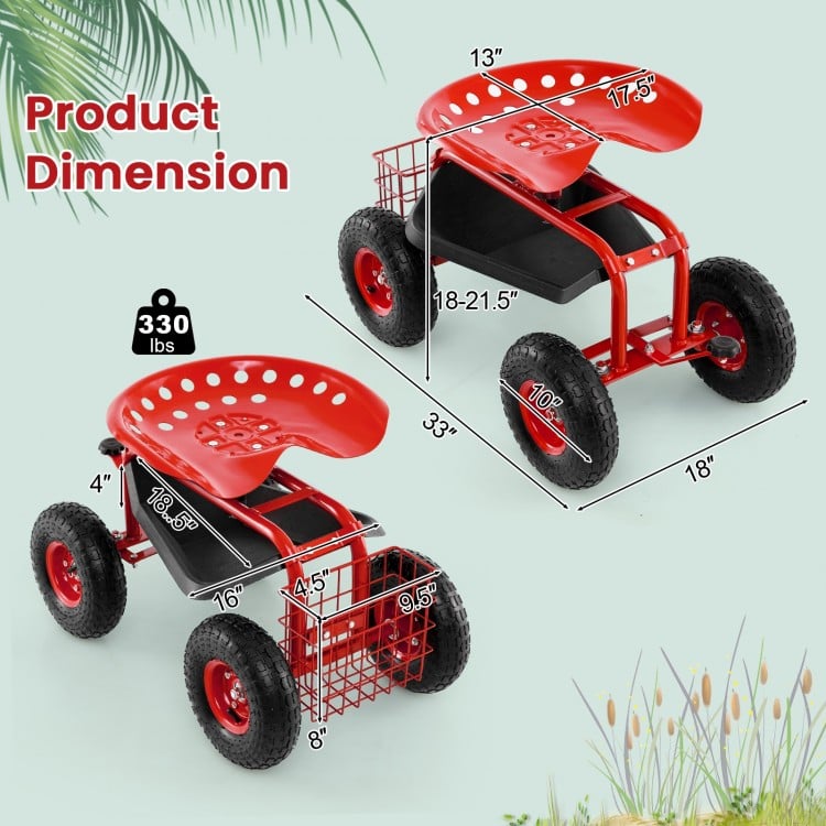 4-Wheel Rolling Garden Cart Work Seat-Red