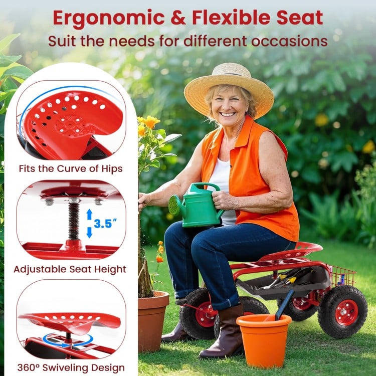 4-Wheel Rolling Garden Cart Work Seat-Red