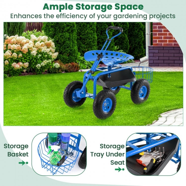 Heavy Duty Garden Cart with Tool Tray and 360 Swivel Seat-Blue