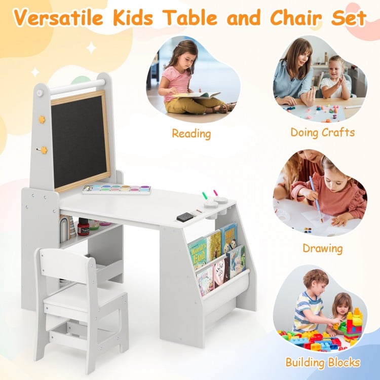 Kids Art Table and Chair Set with Easel and Chair for Drawing Reading-Grey