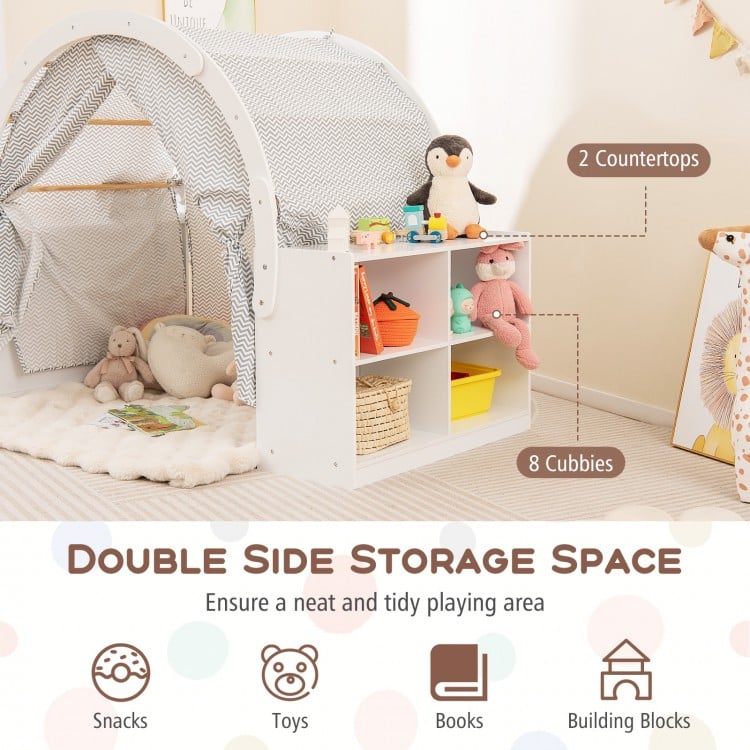 Wooden Kids Play Tent with Curtain Shades and 8 Cubbies-White