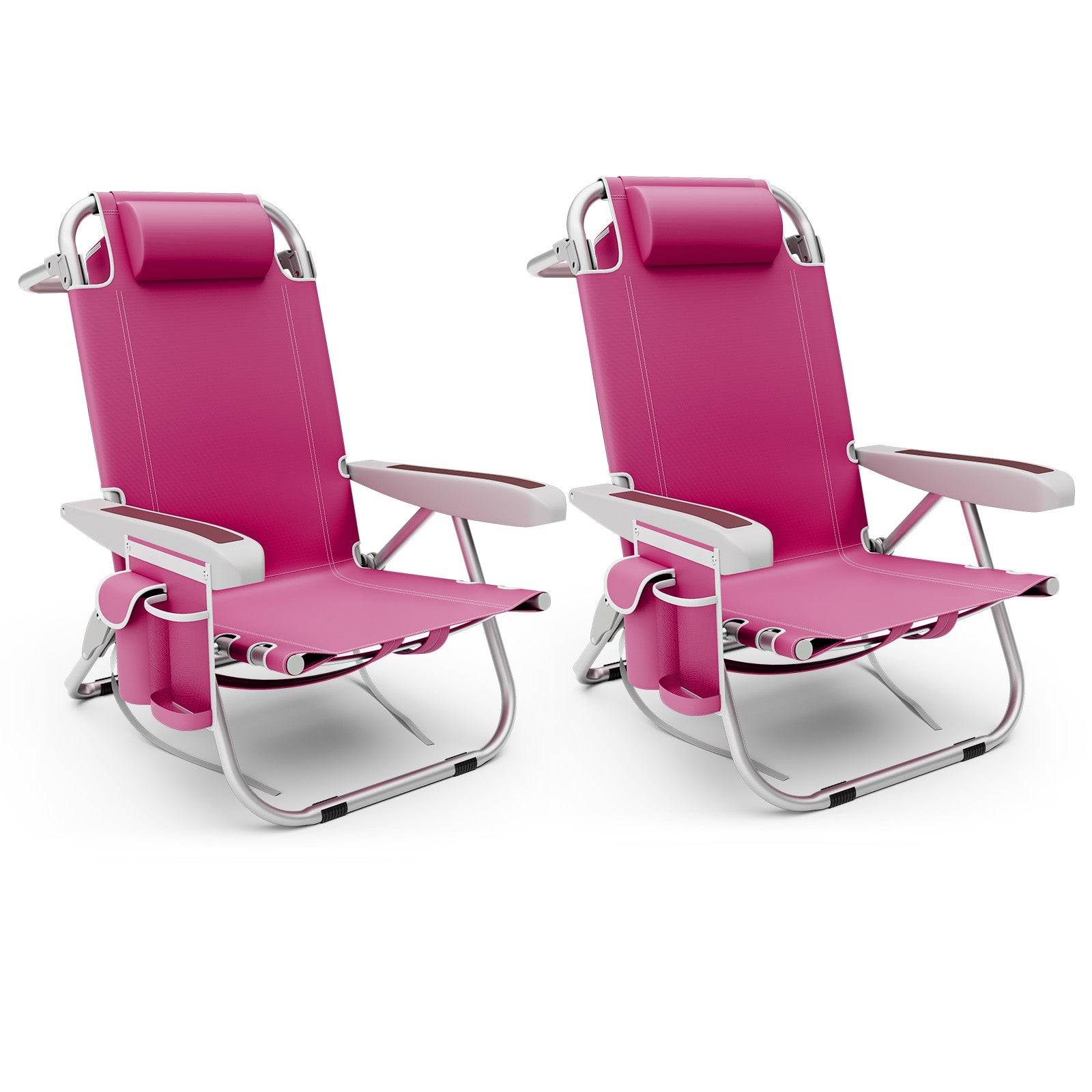Foldable Backpack Beach Chair with Cup Holder and Storage Pockets Set of 2-Pink