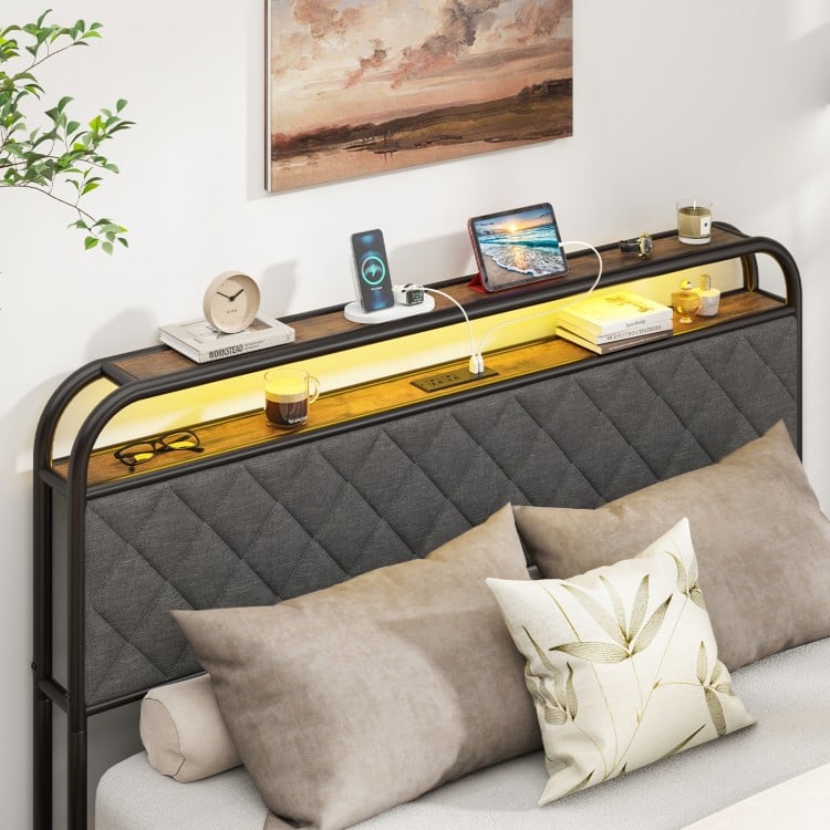 Twin/Full/Queen Size Bed Frame with LED Lights and Charging Station-Queen Size