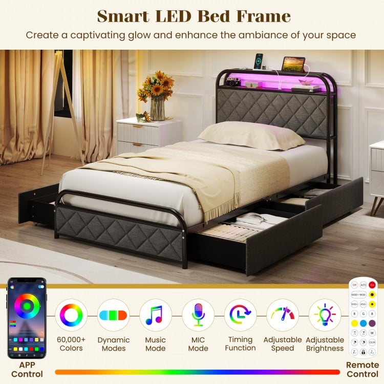 Twin/Full/Queen Size Bed Frame with LED Lights and Charging Station-Twin Size