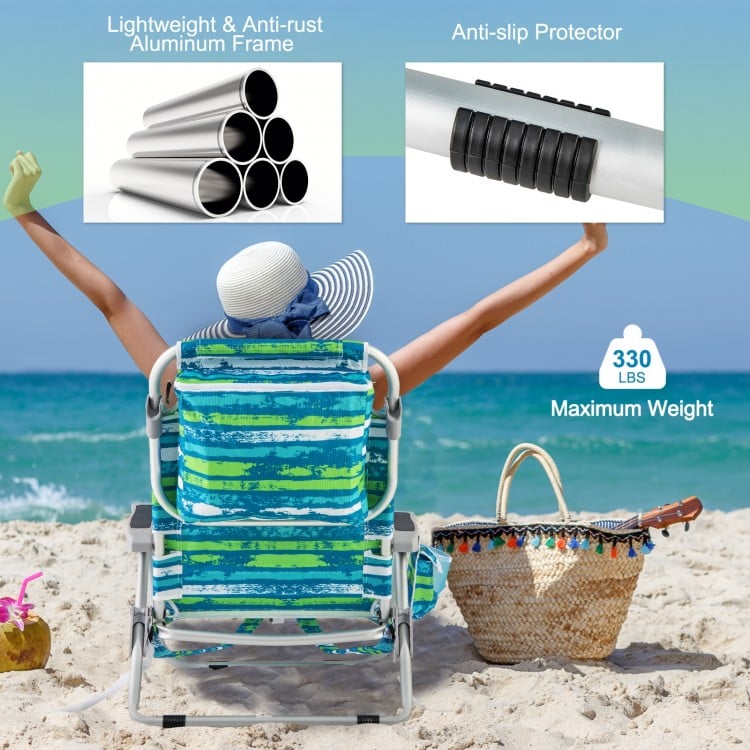 Foldable Backpack Beach Chair with Cup Holder and Storage Pockets Set of 2-Green