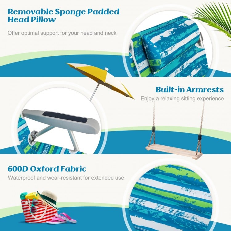 Foldable Backpack Beach Chair with Cup Holder and Storage Pockets Set of 2-Green