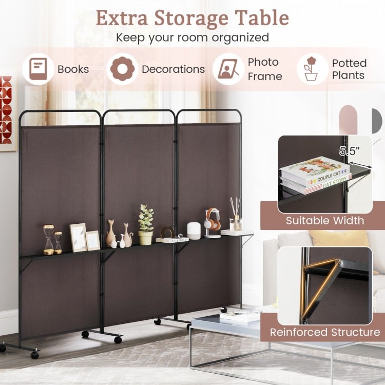 3-Panel Folding Room Divider with 3 Metal Shelves and Lockable Wheels-Brown