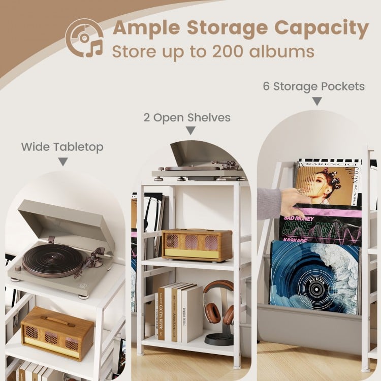 Record Player Stand for up to 200 Albums Turntable Display Stand with 3 Shelves-White