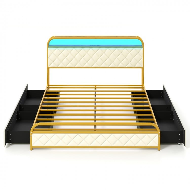 Twin/Full/Queen Size Bed Frame with LED Lights and Charging Station Gold-Queen Size