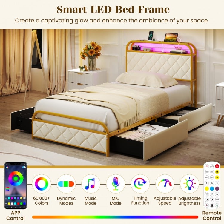 Twin/Full/Queen Size Bed Frame with LED Lights and Charging Station Gold-Twin Size