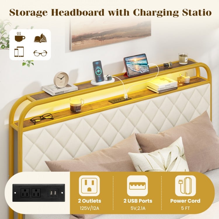 Twin/Full/Queen Size Bed Frame with LED Lights and Charging Station Gold-Queen Size