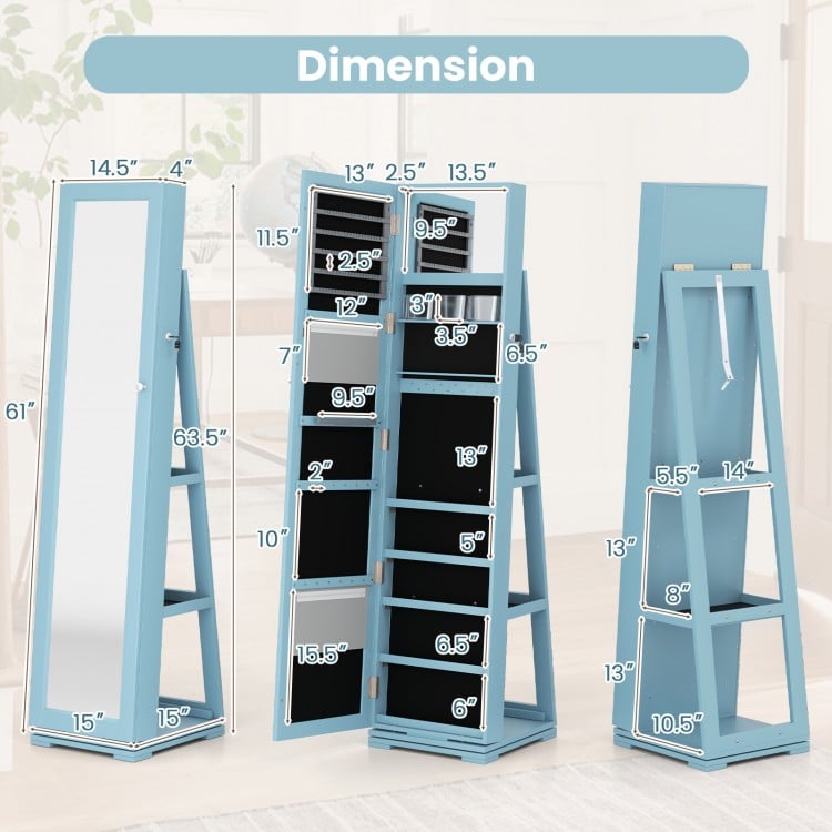 360° Rotatable 2-in-1 Lockable Jewelry Cabinet with Full-Length Mirror-Blue