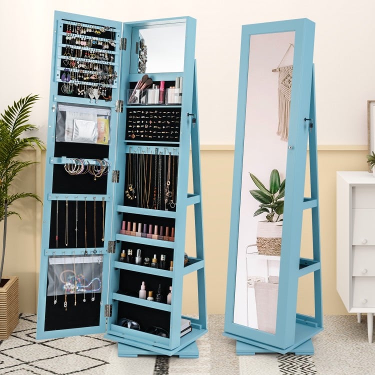 360° Rotatable 2-in-1 Lockable Jewelry Cabinet with Full-Length Mirror-Blue