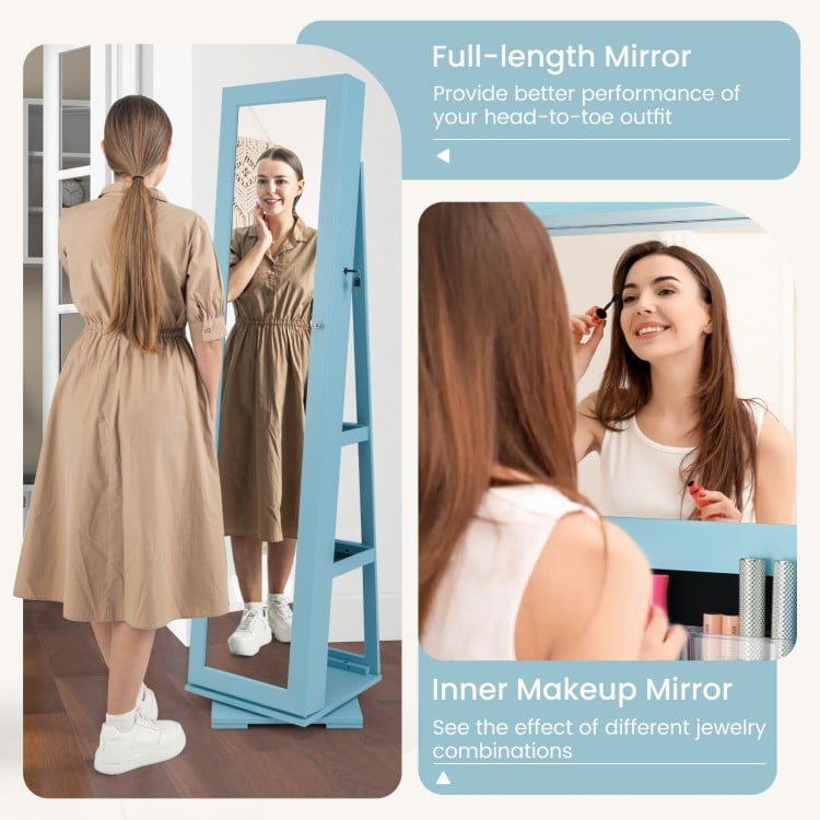 360° Rotatable 2-in-1 Lockable Jewelry Cabinet with Full-Length Mirror-Blue