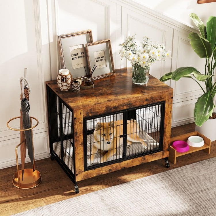 Industrial Dog Kennel with Flip-up Top 3 Lockable Doors and Removable Tray-Rustic Brown