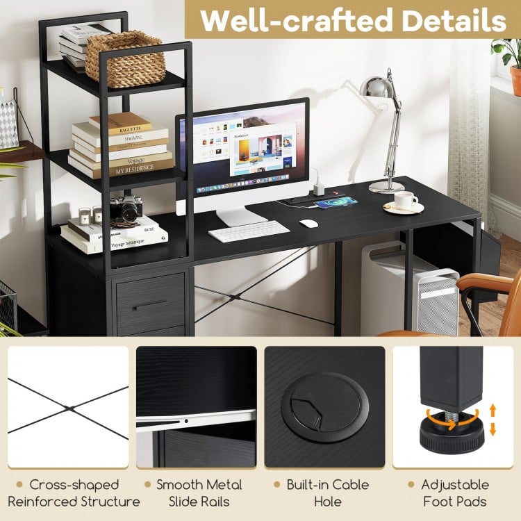 Office Desk with LED Lights and Power Outlets Computer Desk with Open Shelves-Black