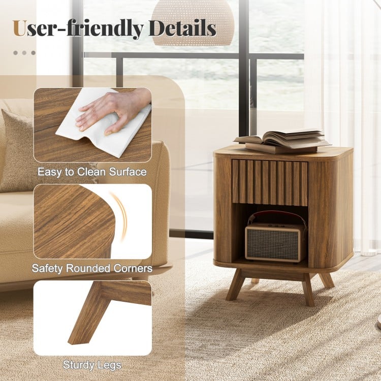 Mid-century Wood Nightstand with Drawer and Open Shelf-Walnut