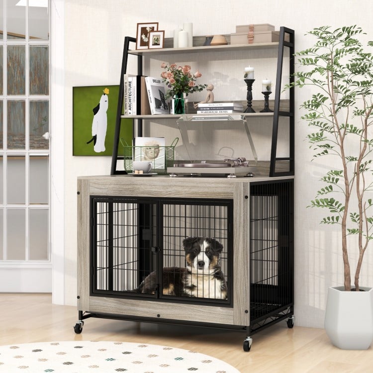 Industrial Dog Kennel Dog Crate Furniture with Storage Shelves-Gray