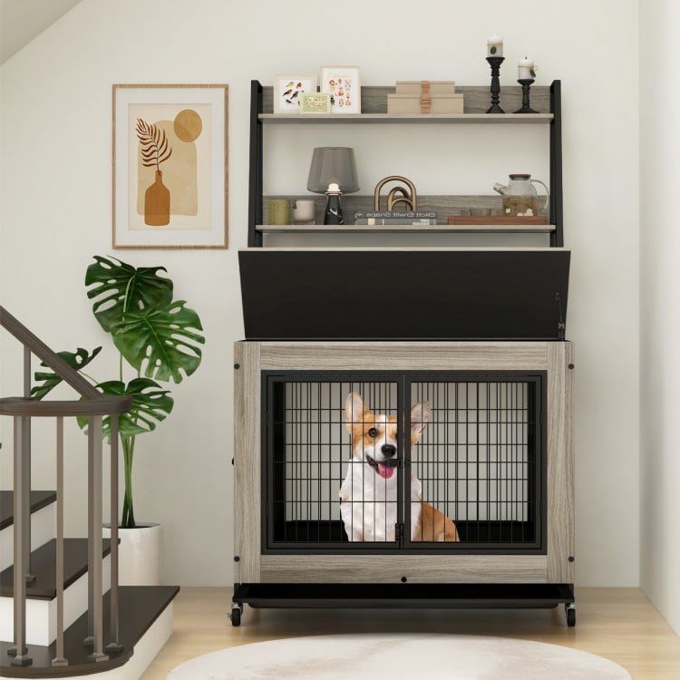Industrial Dog Kennel Dog Crate Furniture with Storage Shelves-Gray