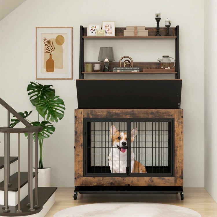 Industrial Dog Kennel Dog Crate Furniture with Storage Shelves-Rustic Brown