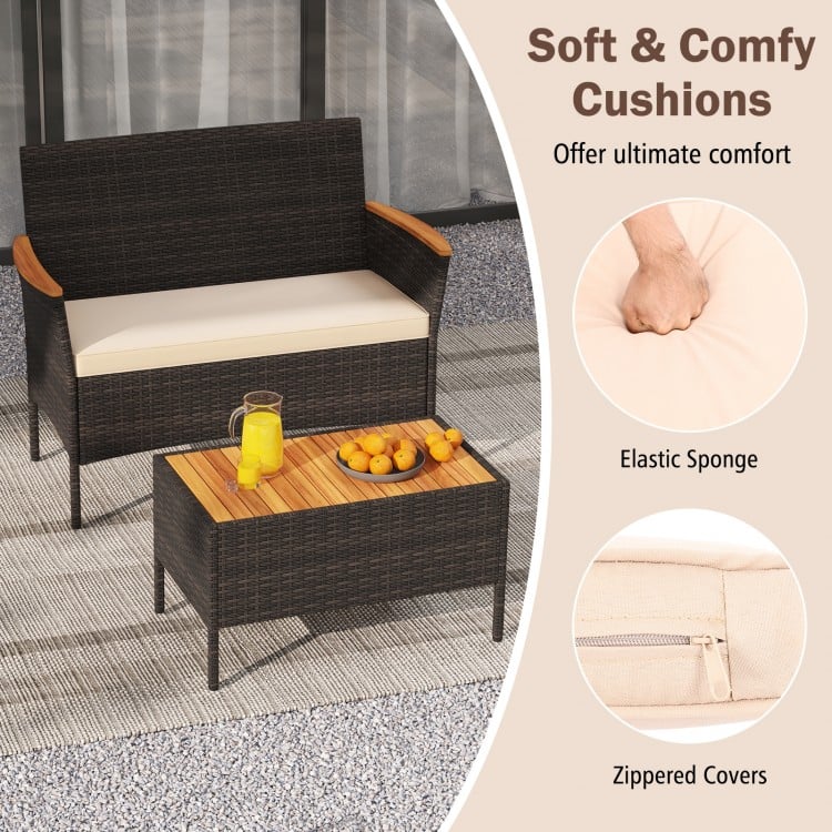 4 Piece Patio Wicker Sofa Set 2 Rattan Chairs and Loveseat with Table-Brown