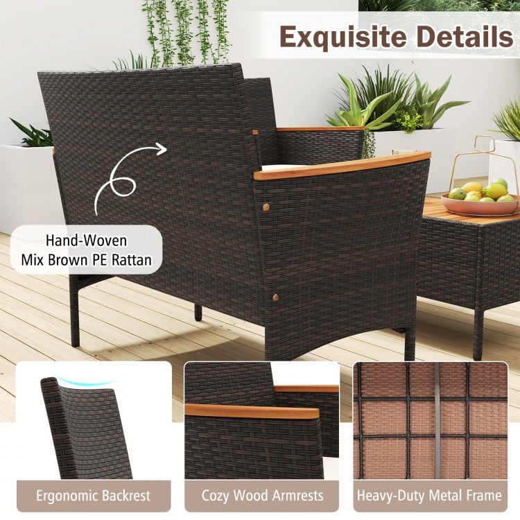 4 Piece Patio Wicker Sofa Set 2 Rattan Chairs and Loveseat with Table-Brown